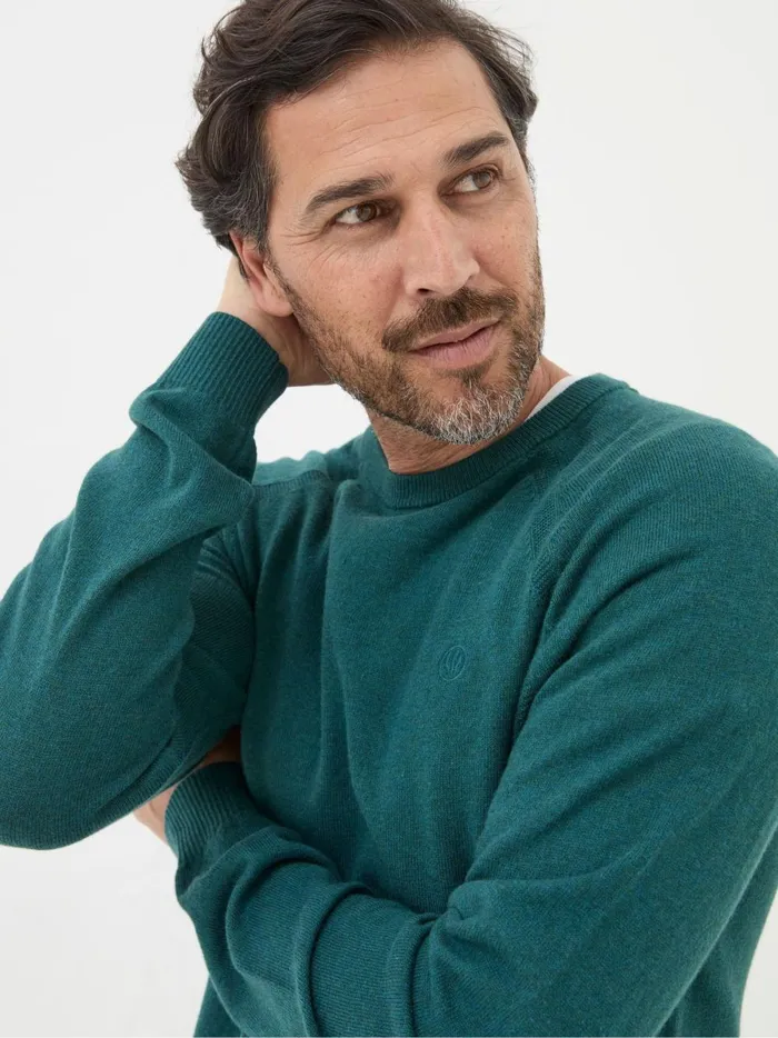 Men Knitwear Fat Face Rye Teal Blue Cotton Cashmere Crew Neck Jumper