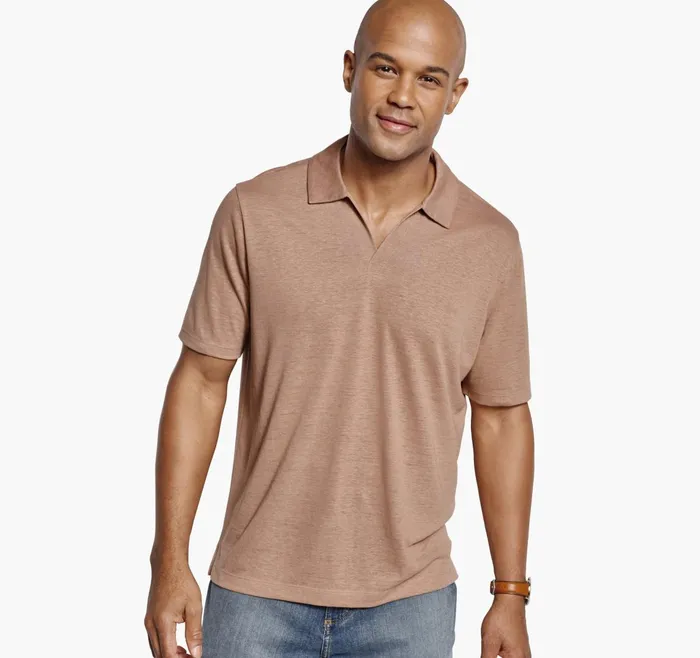 Men LinenBlend VNeck Polo Melon JohnstonandMurphy Polos and Tees Men LinenBlend VNeck Polo Melon JohnstonandMurphy Polos and Tees