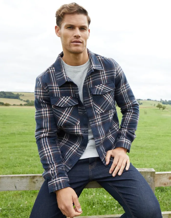 Men Navy Check Heavy Brushed Button Up Shacket Threadbare Shirts