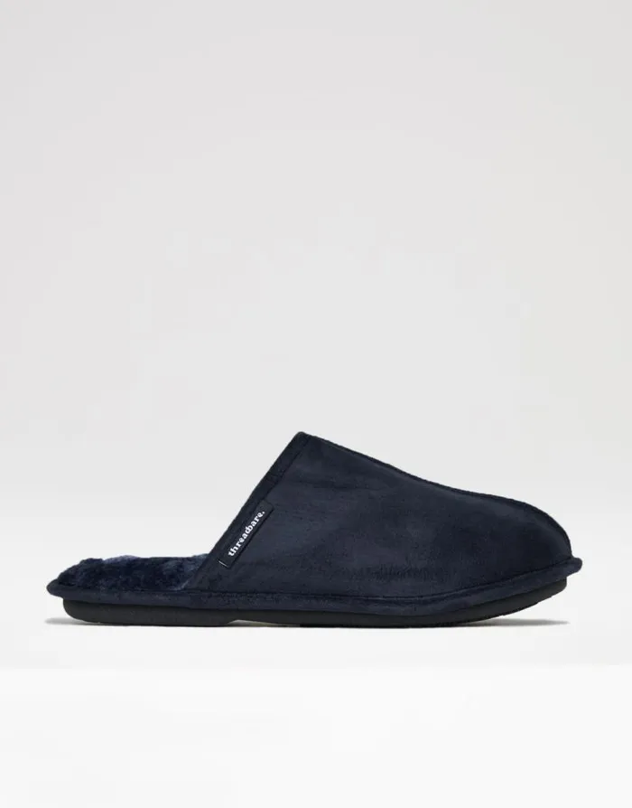 Men Navy Suedette Mule Slippers With Faux Fur Lining Threadbare Slippers