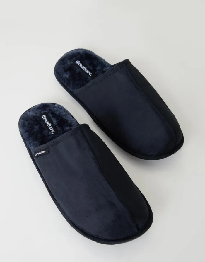 Men Navy Suedette Mule Slippers With Faux Fur Lining Threadbare Slippers Men Navy Suedette Mule Slippers With Faux Fur Lining Threadbare Slippers