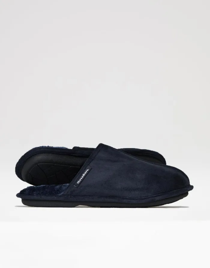 Men Navy Suedette Mule Slippers With Faux Fur Lining Threadbare Slippers Men Navy Suedette Mule Slippers With Faux Fur Lining Threadbare Slippers