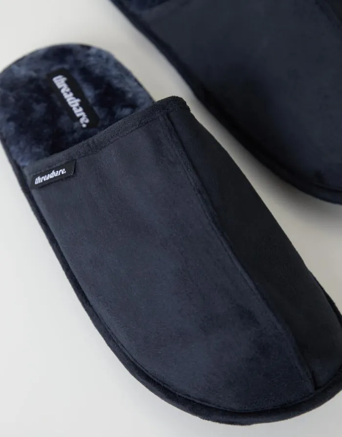 Men Navy Suedette Mule Slippers With Faux Fur Lining Threadbare Slippers Men Navy Suedette Mule Slippers With Faux Fur Lining Threadbare Slippers