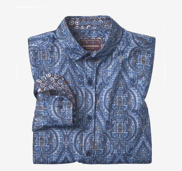 Men Printed Cotton Shirt Navy Oversized Medallion JohnstonandMurphy Shirts