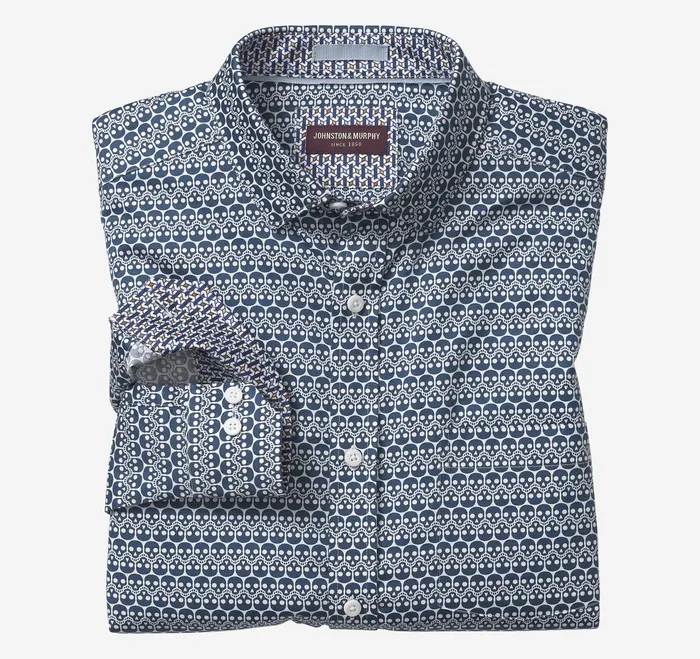 Men Printed Cotton Shirt Navy Repeating Skull JohnstonandMurphy Shirts
