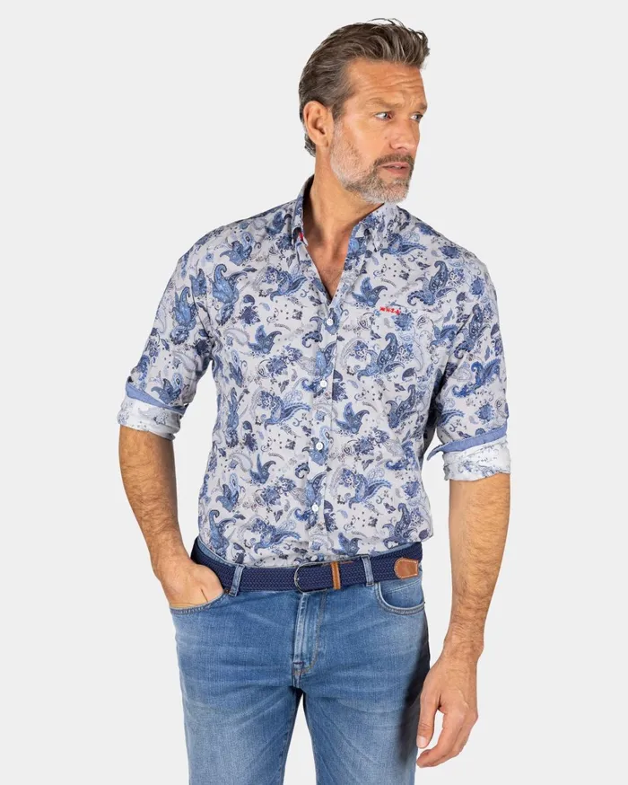 Men Shirts NZA New Zealand Auckland Gray Shirt With Blue Leaf Print 8211 Brave Blue