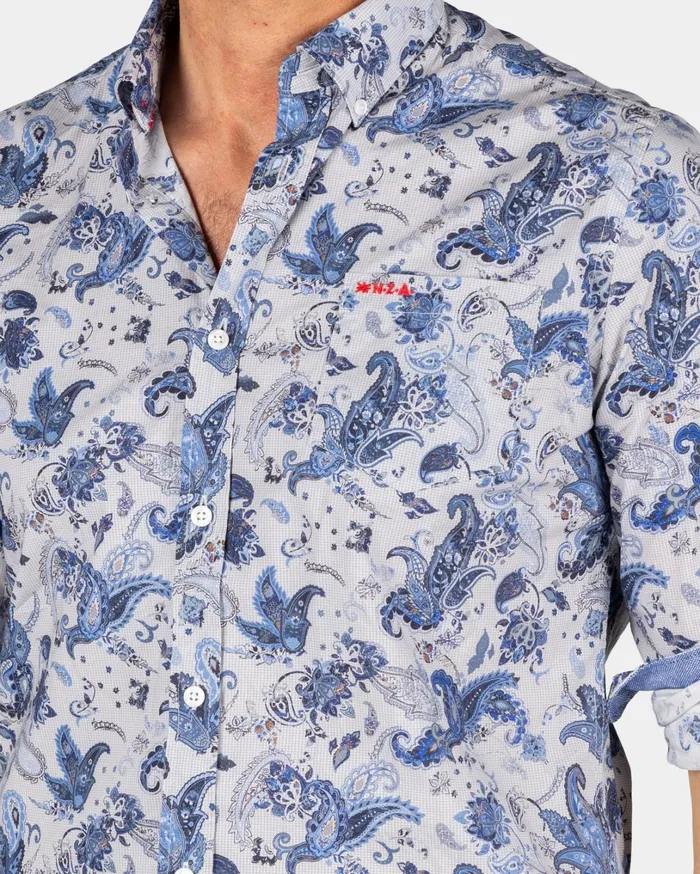Men Shirts NZA New Zealand Auckland Gray Shirt With Blue Leaf Print 8211 Brave Blue