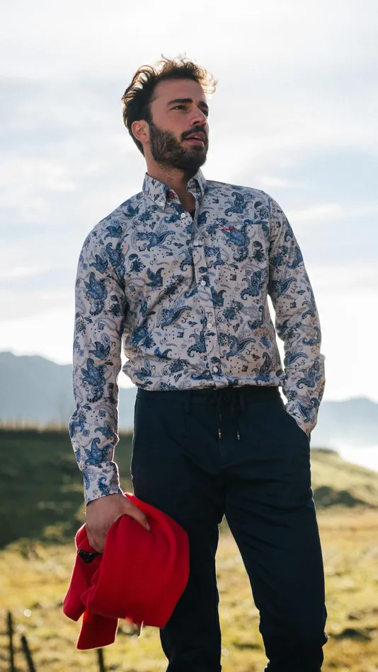 Men Shirts NZA New Zealand Auckland Gray Shirt With Blue Leaf Print 8211 Brave Blue