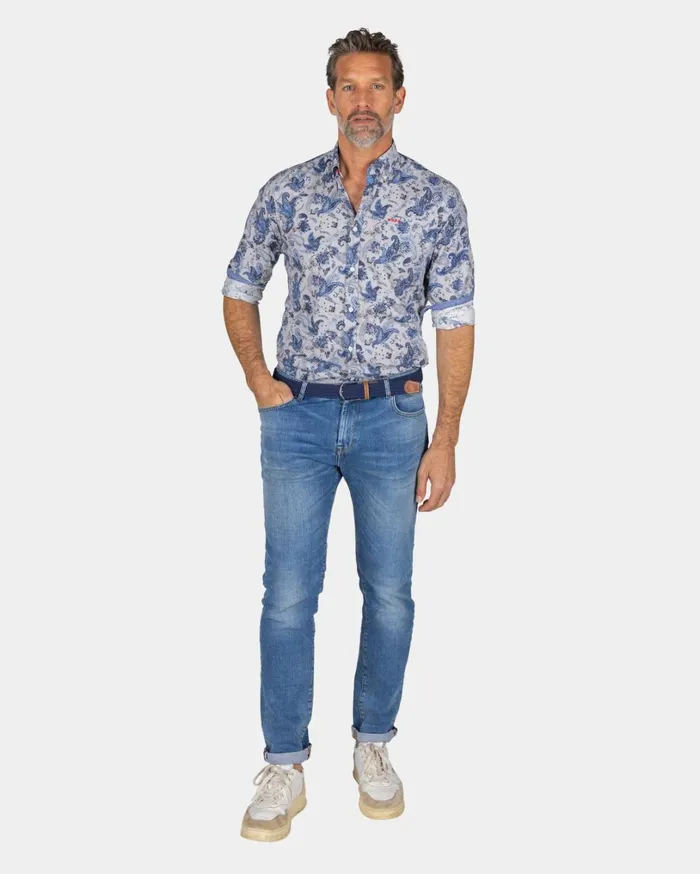 Men Shirts NZA New Zealand Auckland Gray Shirt With Blue Leaf Print 8211 Brave Blue