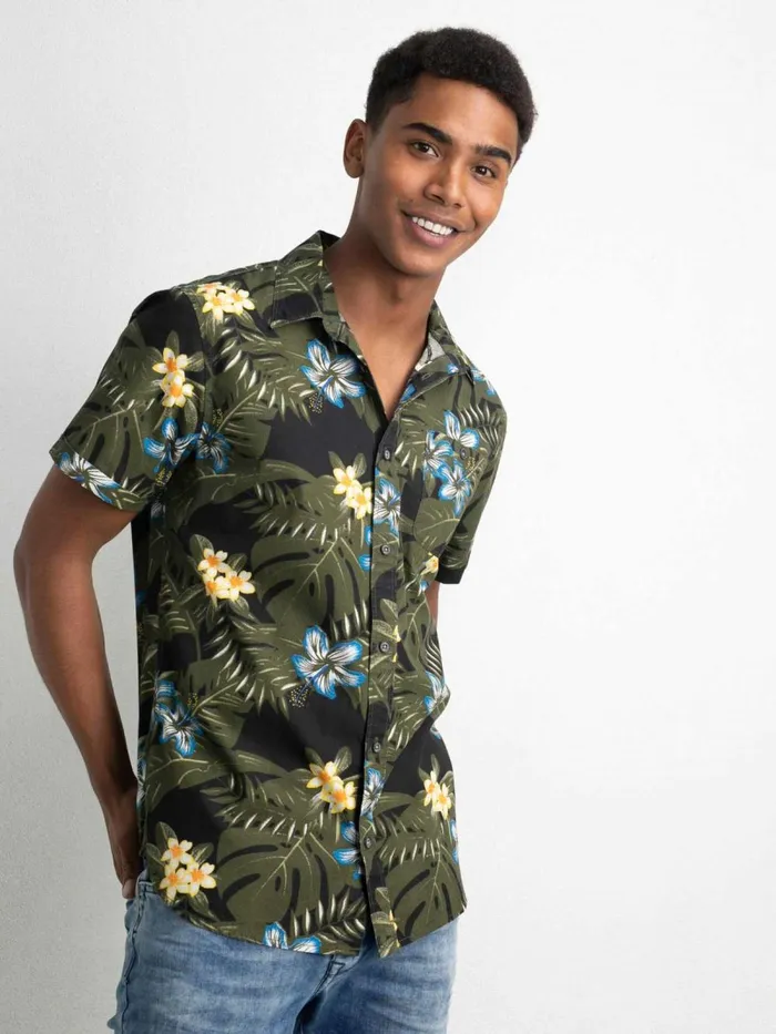 Men Shirts Petrol Industries Botanical ShortSleeved Shirt Forest Night