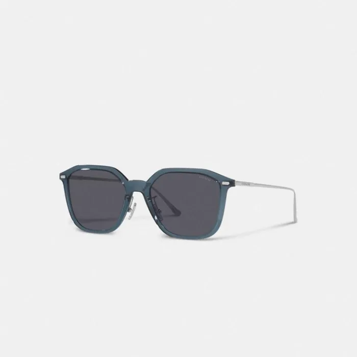 Men Sunglasses Coach Rounded Geometric Sunglasses Transparent Dark Blue