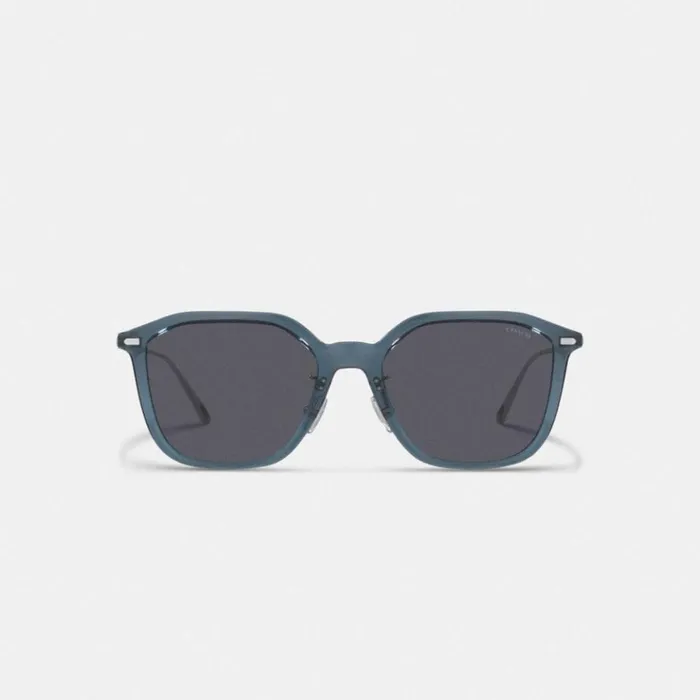 Men Sunglasses Coach Rounded Geometric Sunglasses Transparent Dark Blue