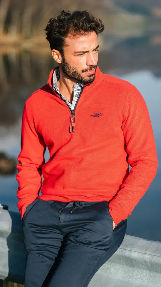 Men Sweatshirts NZA New Zealand Auckland Sporty Red Sweater With HalfZip 8211 Reef Red Men Sweatshirts NZA New Zealand Auckland Sporty Red Sweater With HalfZip 8211 Reef Red