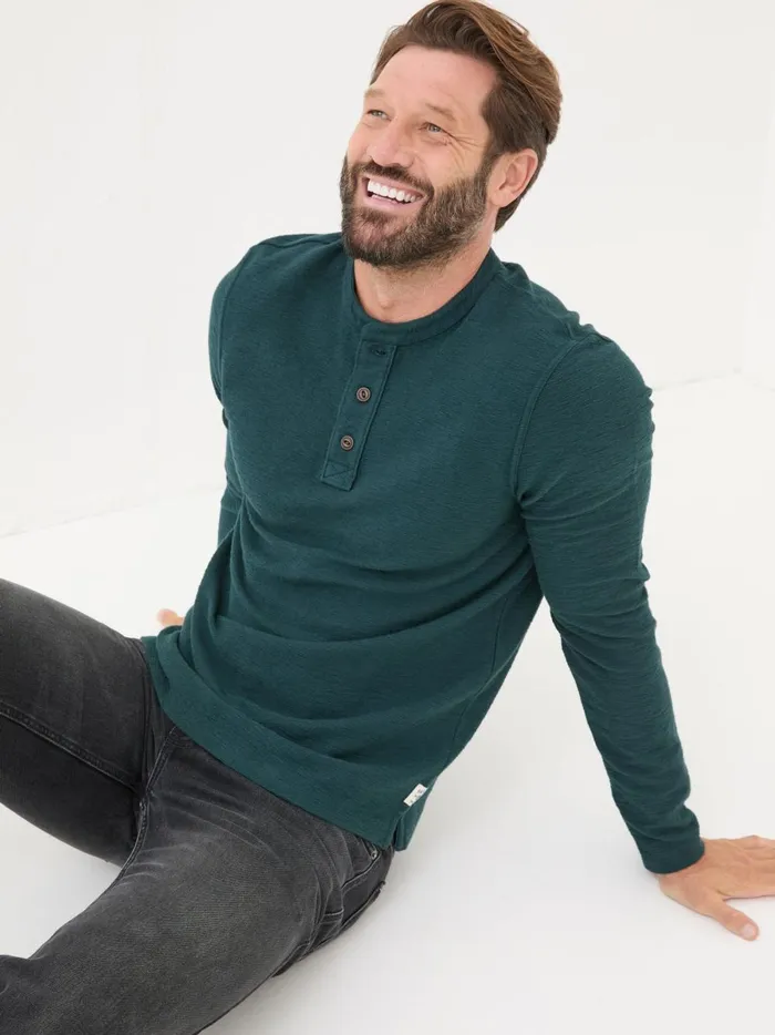 Men TShirts Fat Face Teal Blue Nutbourne Henley 100 Cotton TShirt