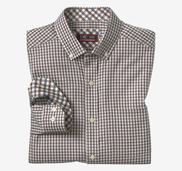 Men Xc4 Sport LongSleeve Shirt Brown Outlined Grid JohnstonandMurphy Shirts