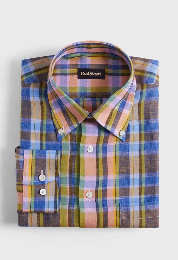 Mens Sport Shirts Paulstuart Linen Plaid Sport Shirt OrangeGreen