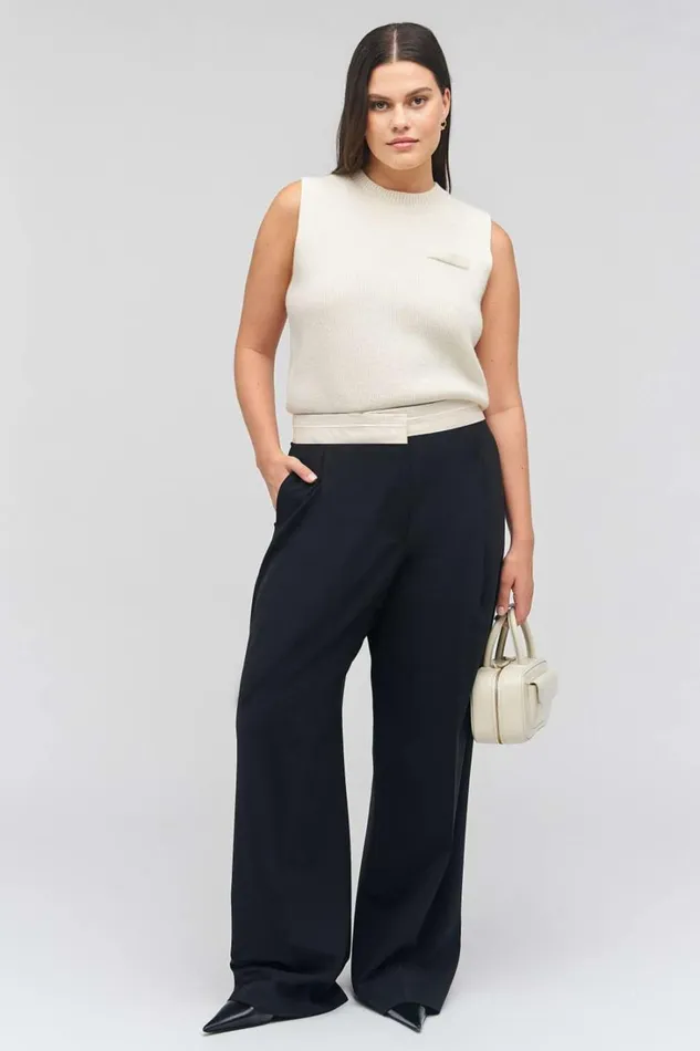 Oroton Contrast Waist Pant Black Women Pants Oroton Contrast Waist Pant Black Women Pants