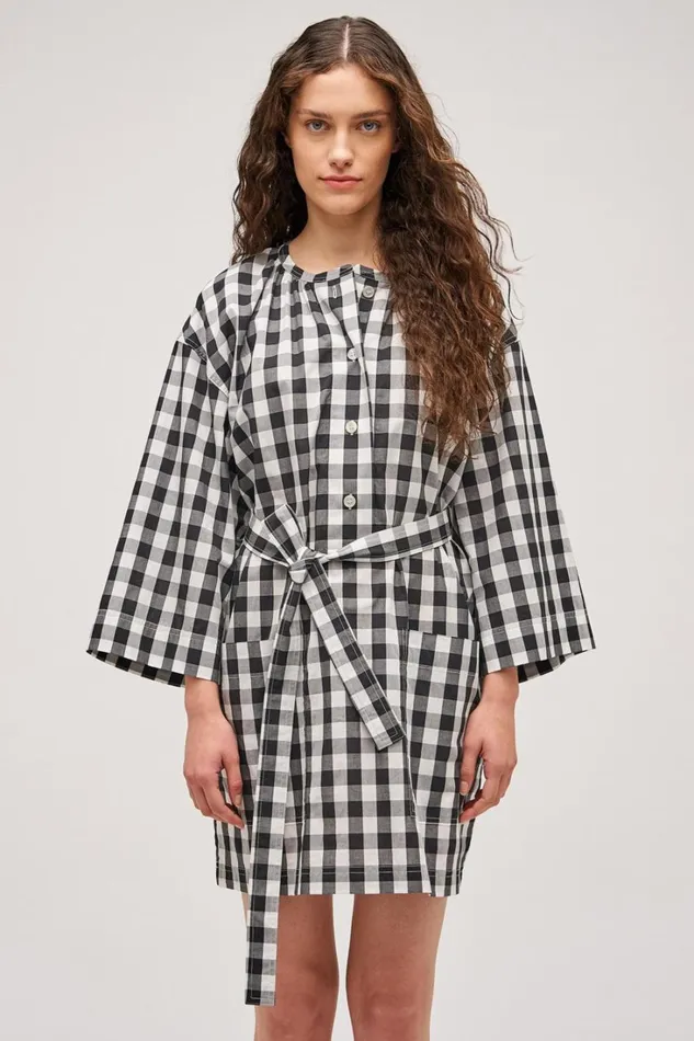 Oroton Gingham Popover Dress Black Women Dresses Oroton Gingham Popover Dress Black Women Dresses