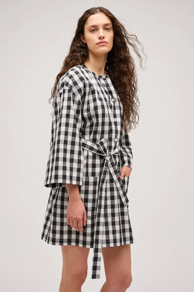 Oroton Gingham Popover Dress Black Women Dresses Oroton Gingham Popover Dress Black Women Dresses