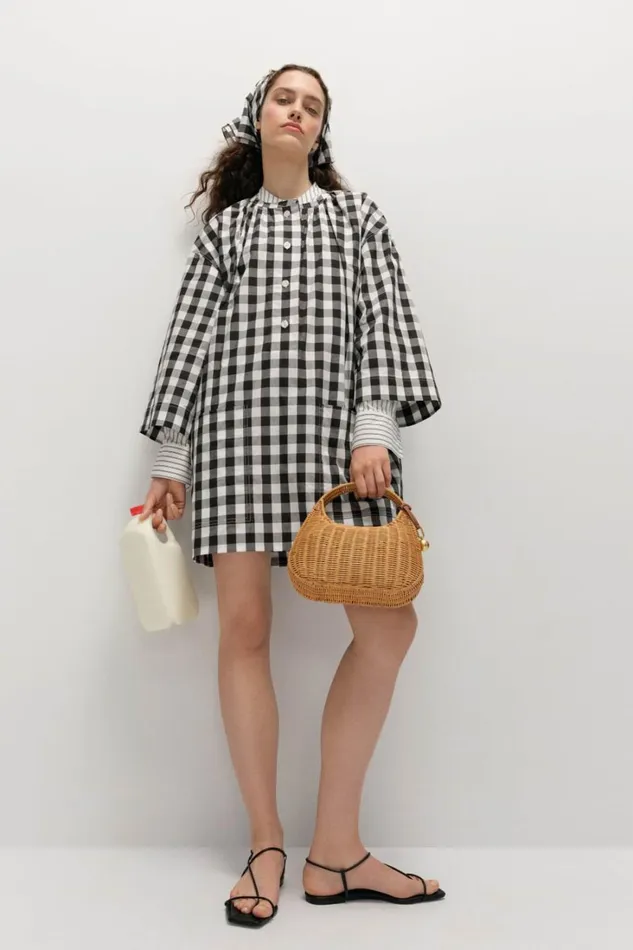 Oroton Gingham Popover Dress Black Women Dresses Oroton Gingham Popover Dress Black Women Dresses