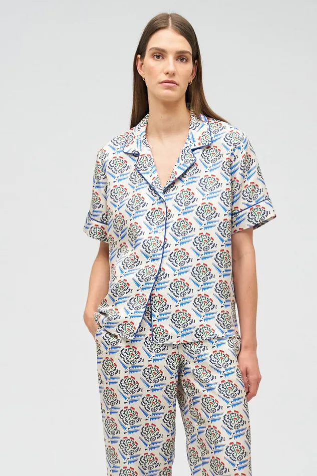 Oroton Zig Zag Flower Stamp Camp Shirt Folk Blue Women Tops Oroton Zig Zag Flower Stamp Camp Shirt Folk Blue Women Tops