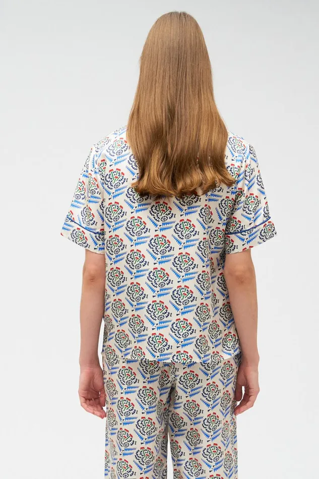 Oroton Zig Zag Flower Stamp Camp Shirt Folk Blue Women Tops Oroton Zig Zag Flower Stamp Camp Shirt Folk Blue Women Tops