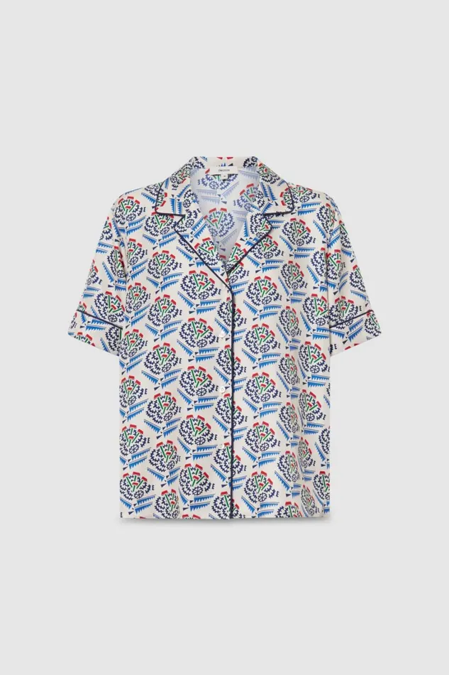 Oroton Zig Zag Flower Stamp Camp Shirt Folk Blue Women Tops Oroton Zig Zag Flower Stamp Camp Shirt Folk Blue Women Tops