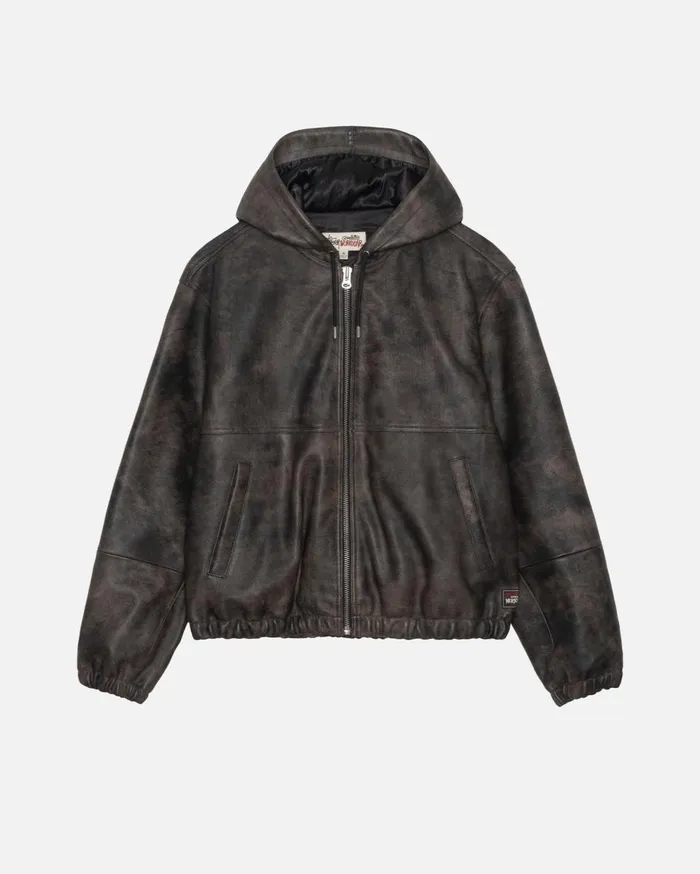 Outerwear MenWomen Stussy WORK JACKET STONEWASH LEATHER Black Leather