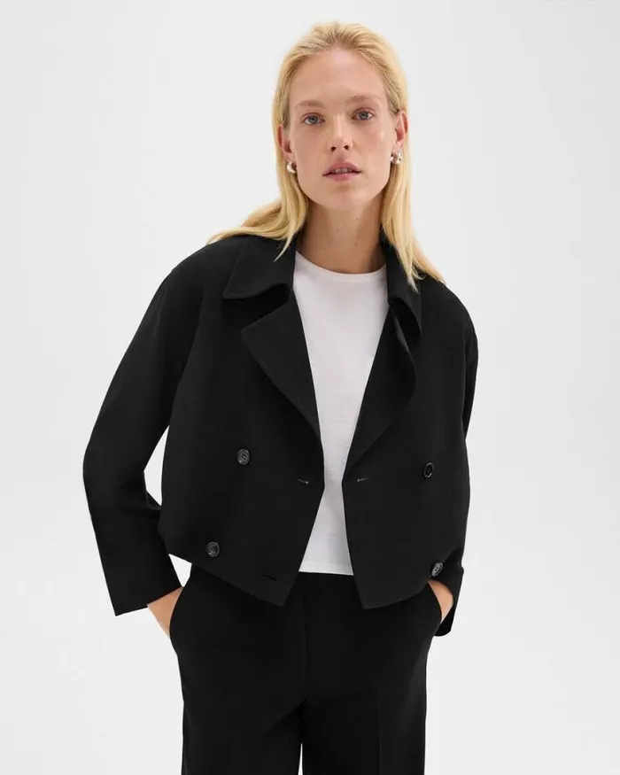 Outerwear Women Theory DoubleBreasted Crop Trench In Admiral Crepe Black