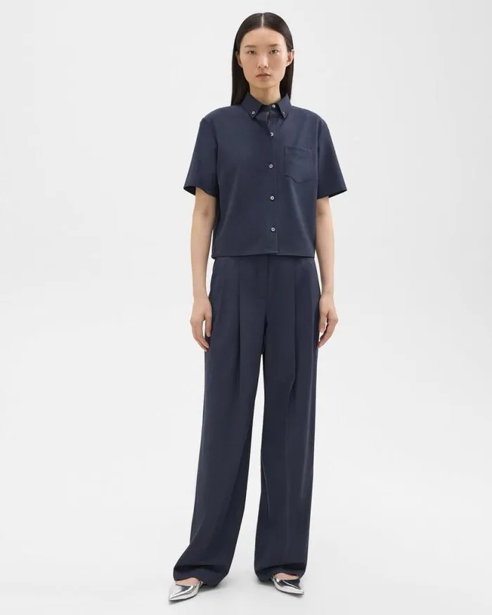 Pants Women Theory Double Pleat Pant In Good Wool Nocturne Navy