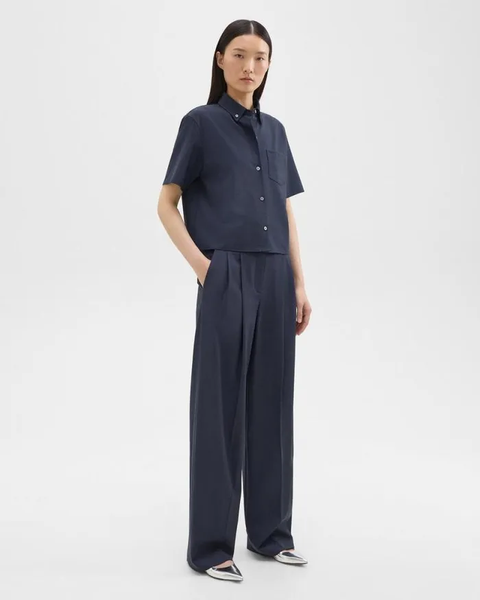 Pants Women Theory Double Pleat Pant In Good Wool Nocturne Navy