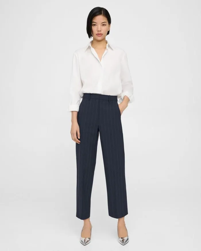 Pants Women Theory HighWaist StraightLeg Pant In Striped Stretch Wool Deep Navy