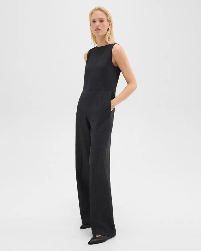 Pants Women Theory Relaxed Sleeveless Jumpsuit In Stretch Flannel Charcoal Melange