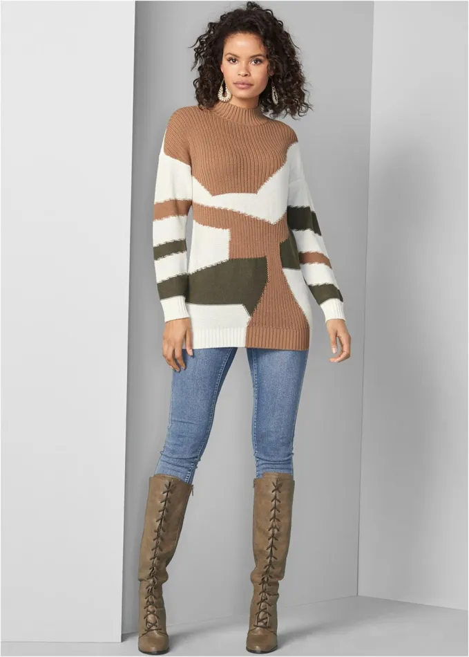Patchwork Mockneck Sweater Tan Multi Women VENUS Pullover