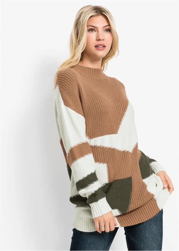 Patchwork Mockneck Sweater Tan Multi Women VENUS Pullover