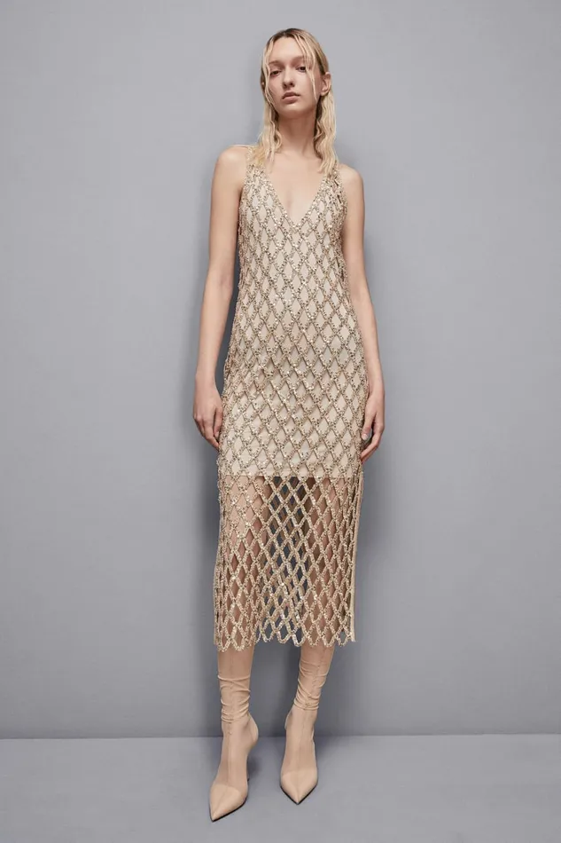 Patrizia Pepe Dresses Jeweled Mesh Slim Fit Dress Gold 8211 Women