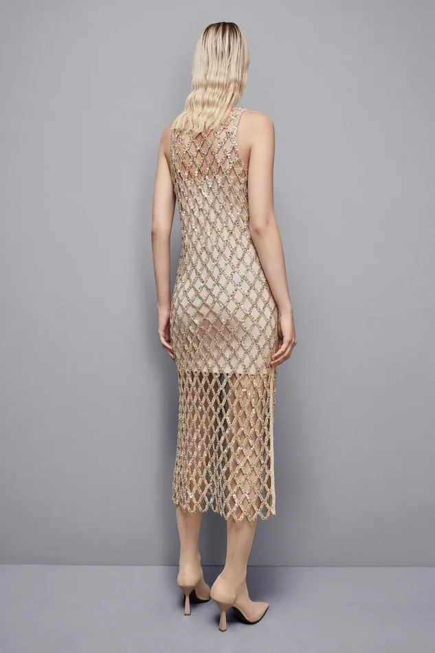 Patrizia Pepe Dresses Jeweled Mesh Slim Fit Dress Gold 8211 Women