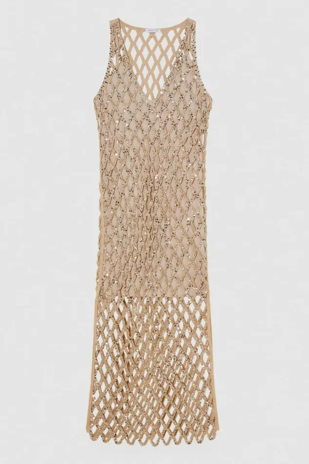 Patrizia Pepe Dresses Jeweled Mesh Slim Fit Dress Gold 8211 Women
