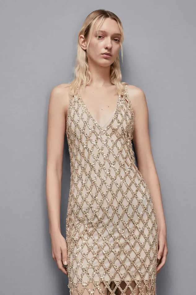 Patrizia Pepe Dresses Jeweled Mesh Slim Fit Dress Gold 8211 Women