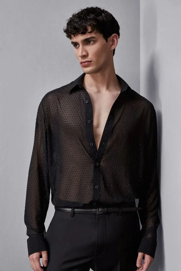 Patrizia Pepe Tops and Shirts Voile Shirt With Rhinestones Black 8211 Men