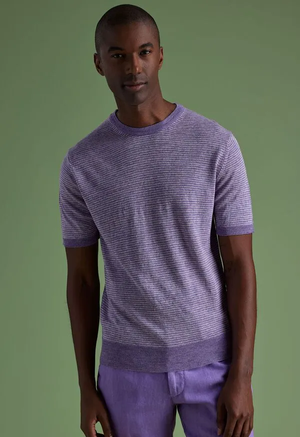 Paulstuart Polos and TShirts Mens Striped Short Sleeve Linen Crewneck Lavender Paulstuart Polos and TShirts Mens Striped Short Sleeve Linen Crewneck Lavender