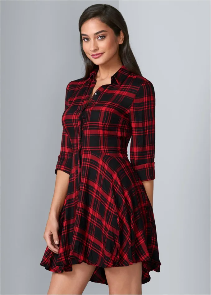 PLAID HIGH LOW DRESS Red Multi Women VENUS Sundresses
