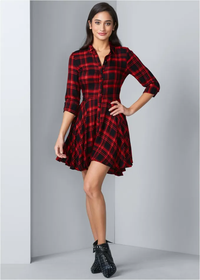 PLAID HIGH LOW DRESS Red Multi Women VENUS Sundresses