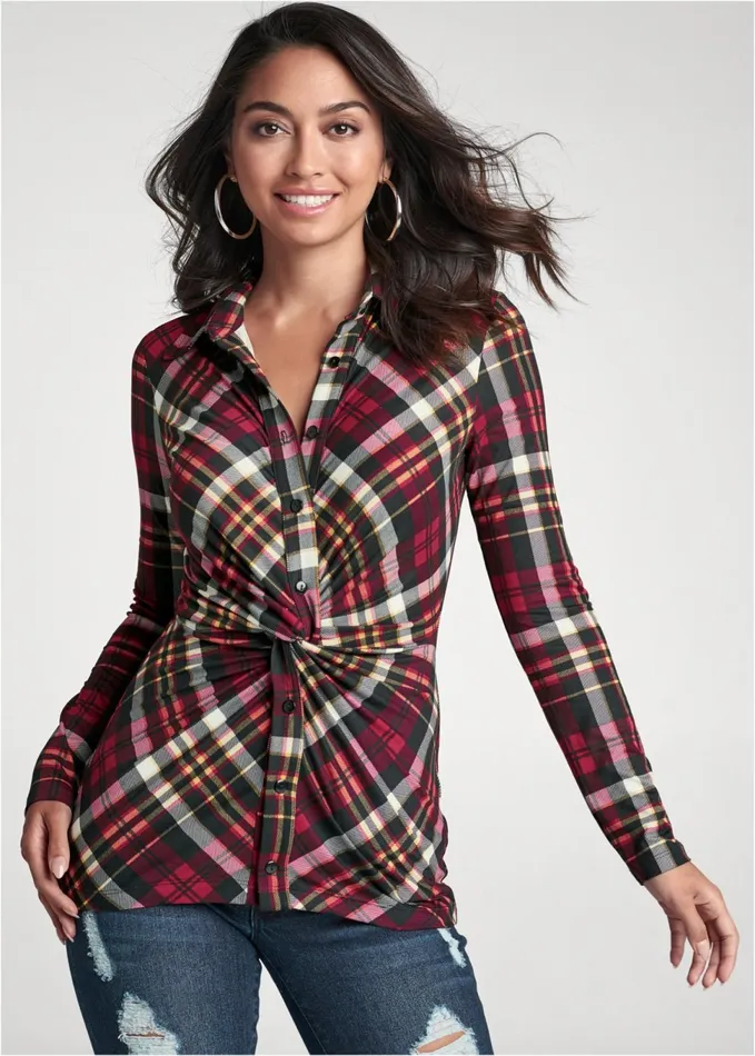 PLAID KNOT TWIST TOP Wine Multi Women VENUS Long Sleeve Tops