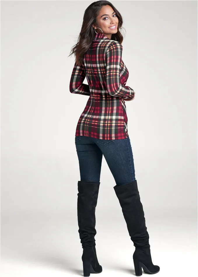 PLAID KNOT TWIST TOP Wine Multi Women VENUS Long Sleeve Tops
