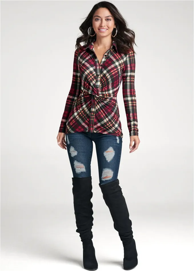 PLAID KNOT TWIST TOP Wine Multi Women VENUS Long Sleeve Tops
