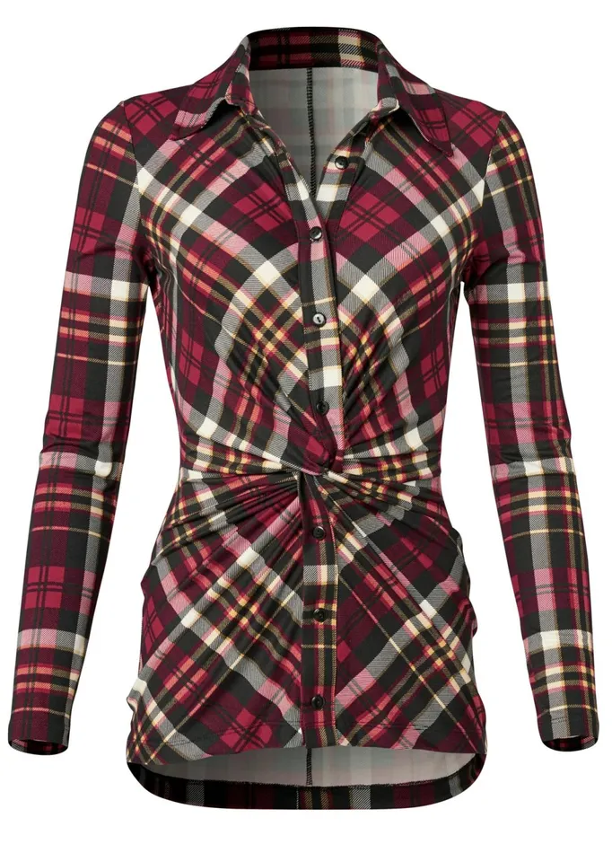 PLAID KNOT TWIST TOP Wine Multi Women VENUS Long Sleeve Tops