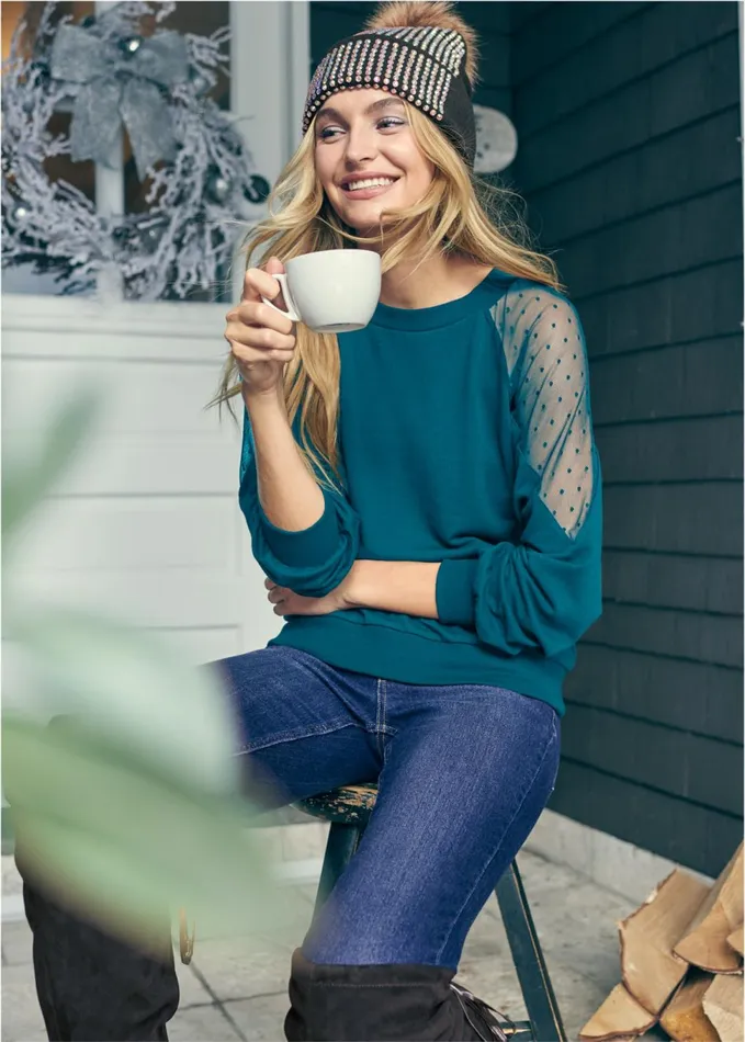 POLKA DOT MESH SWEATSHIRT Dark Teal Women VENUS Sweatshirts and Hoodies