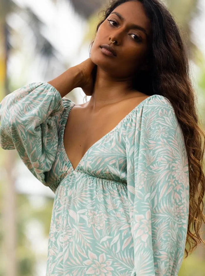 Roxy Dresses Sweetest Shores Puff Sleeve Dress Blue Surf Planao Apparel 8211 Women