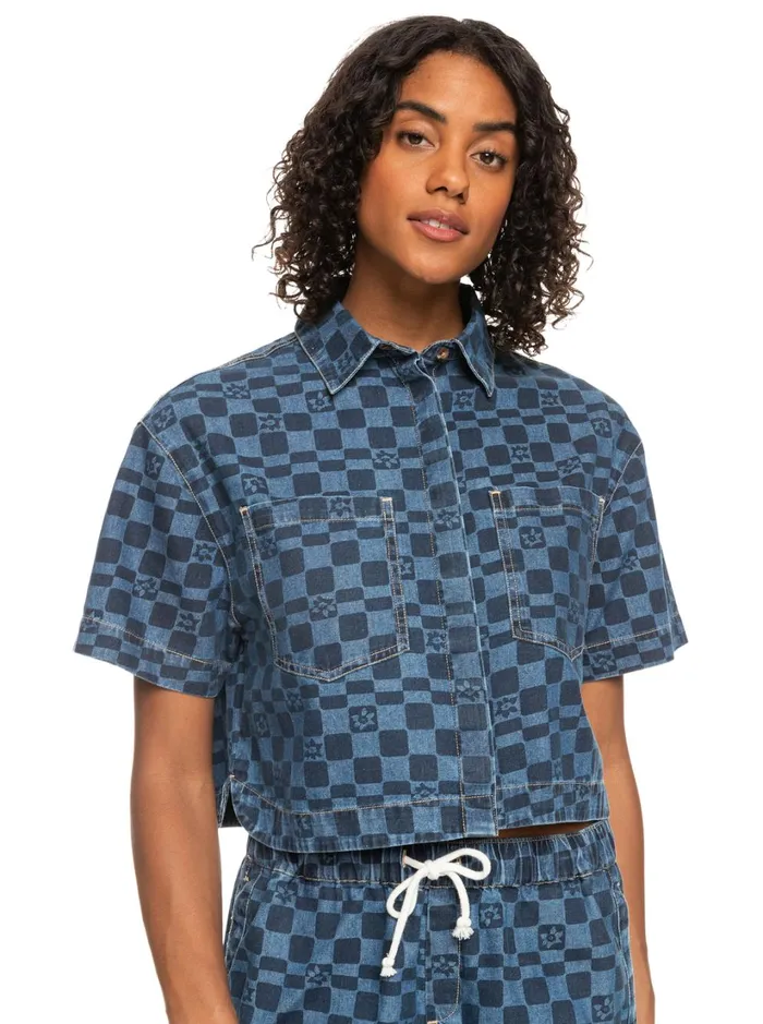 Roxy Tops Blue Wave Club Printed Short Sleeve Denim Shirt Mood Indigo Sol Power 8211 Women